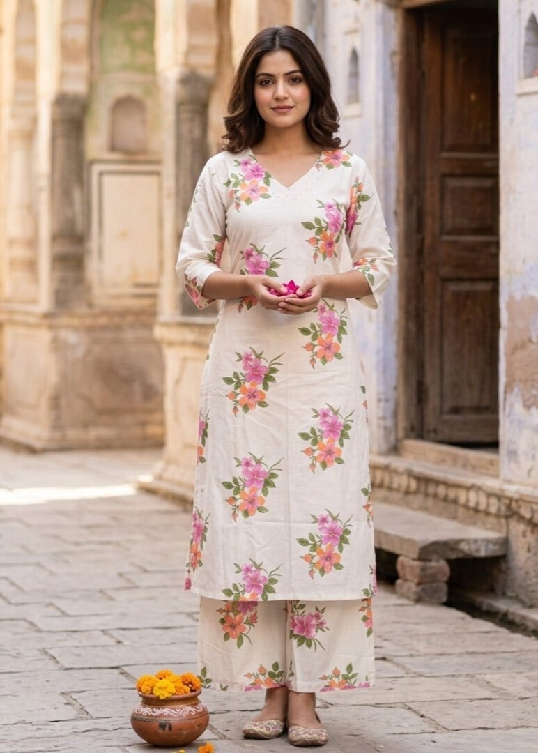 Half white floral prints kurti