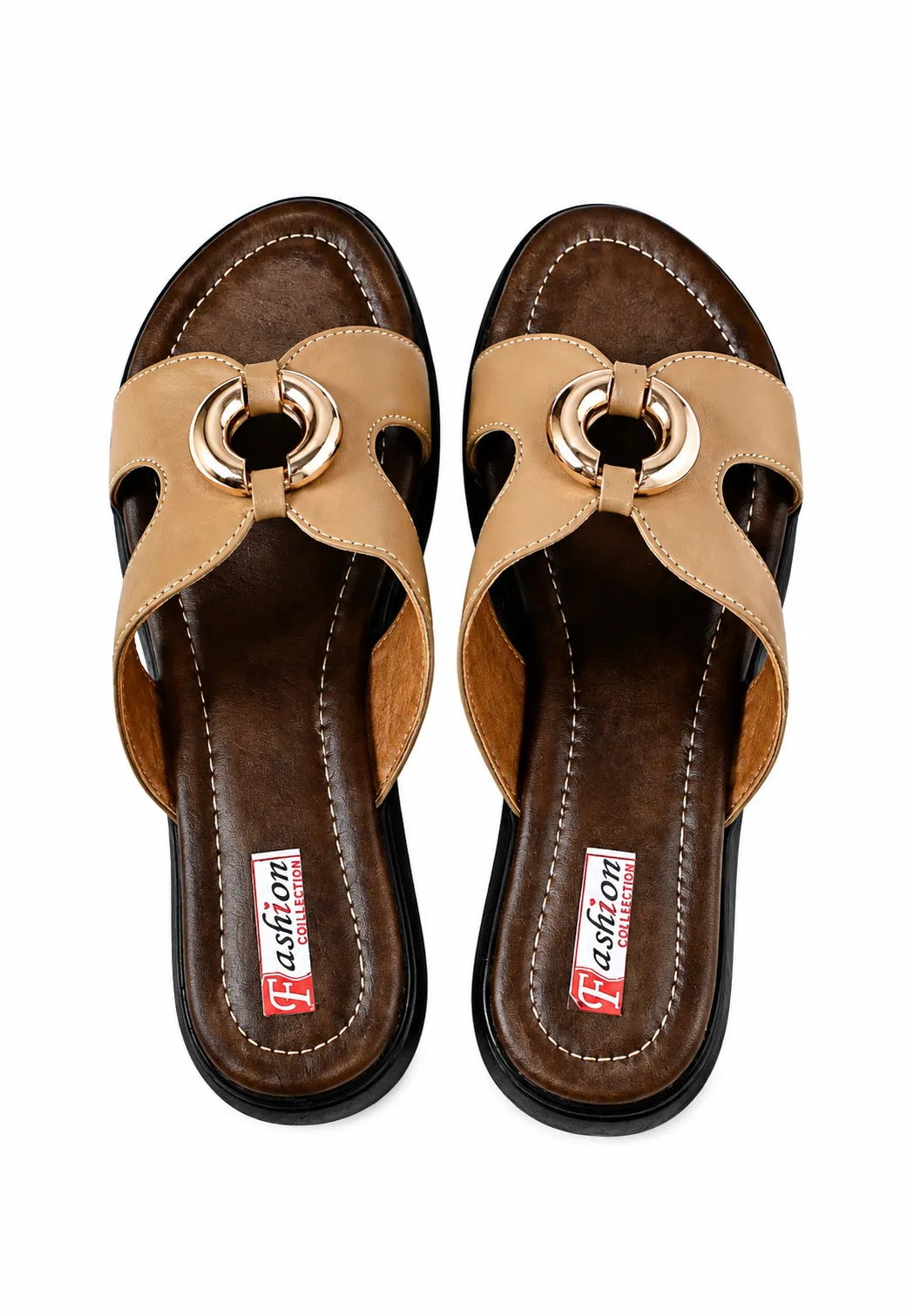 Women’s Beige & Brown Stylish Flat Slippers with Gold Ring Detail