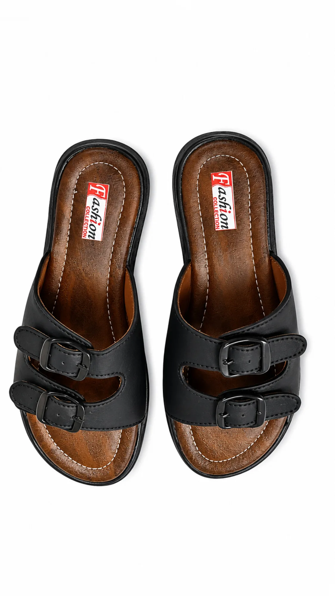 Women’s Black Double Buckle Flat Sandals with Brown Cushioned Footbed