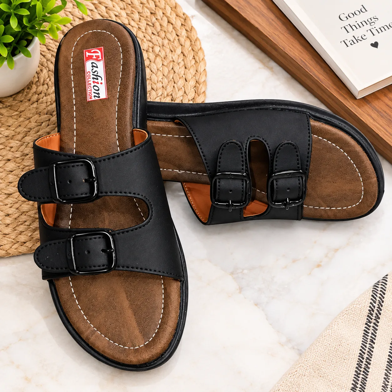 Women’s Stylish Black Buckle Flat Sandals